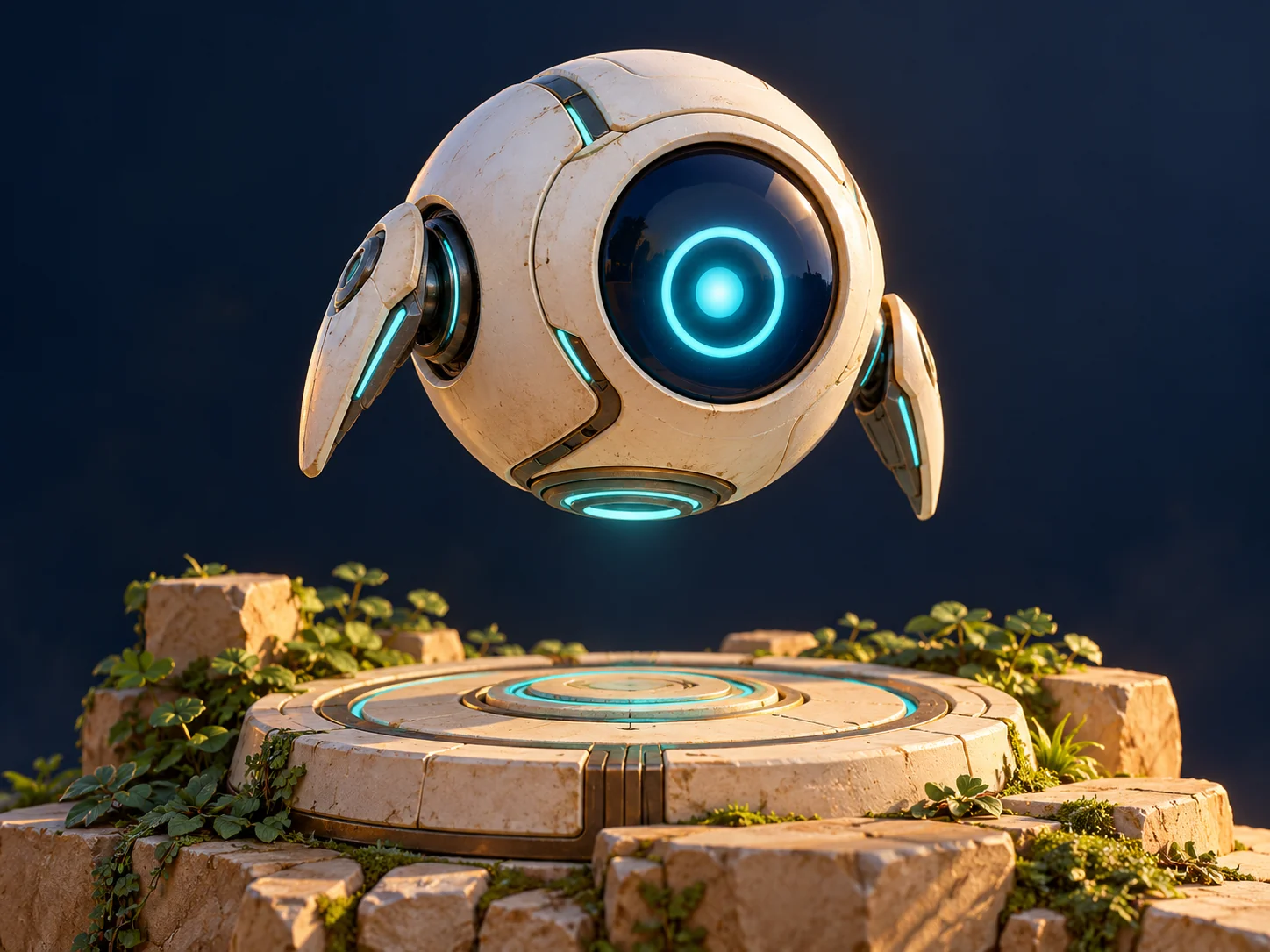 Your cream spherical companion hovering above a cyan-lit exploration platform