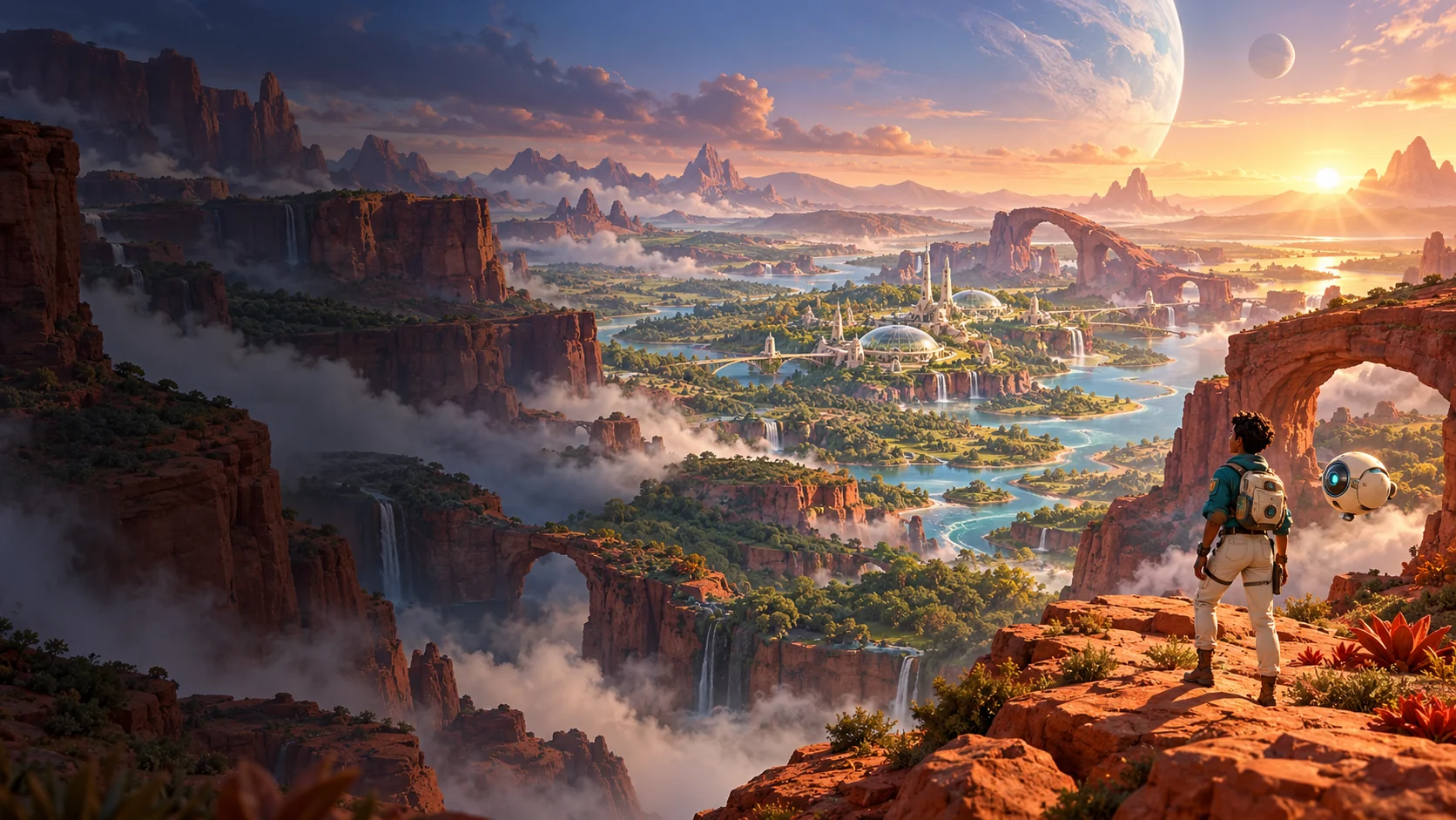 The explorer and companion facing an unexplored canyon world at sunrise