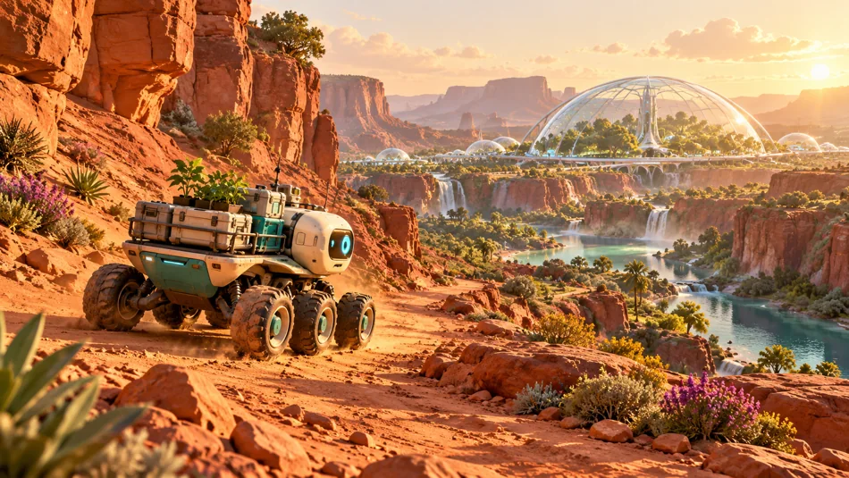 A cream autonomous rover carrying scientific supplies through a red-rock canyon
