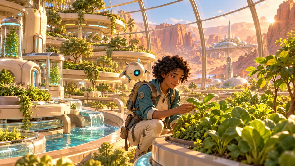 An explorer investigating plants in a sunlit research greenhouse